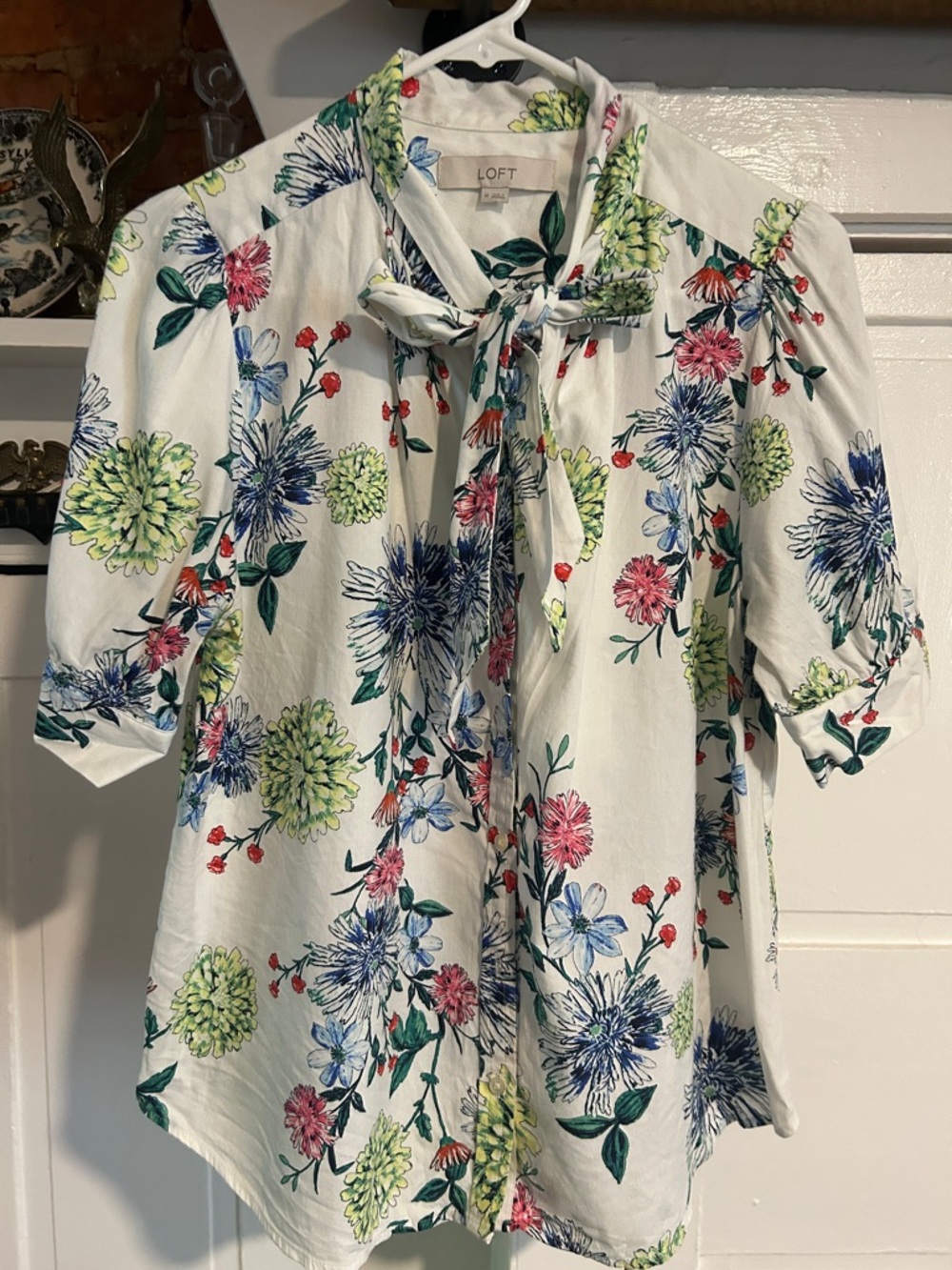 LOFT Floral Tie-Neck Blouse in White with Blue, Green & Pink Flowers
